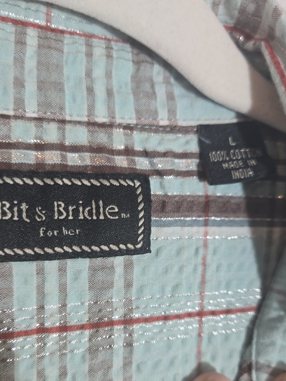 Bit & Bridle Short-Sleeve Plaid Button-Down in Aqua and Brown P2P 21" - Picture 2 of 5